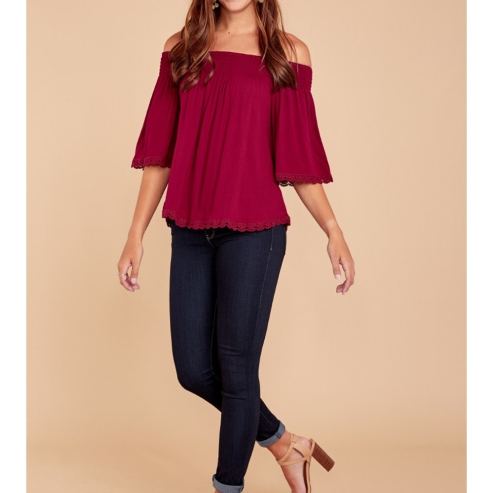 NWT Burgundy lace trim off the shoulder blouse